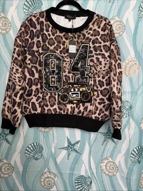 Leopard Print '84' Sequin Sweatshirt with Boombox Applique
